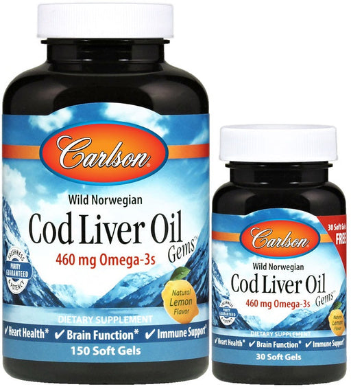 Carlson Labs Wild Norwegian Cod Liver Oil Gems, 460mg - 150 + 30 softgels | High-Quality Omegas, EFAs, CLA, Oils | MySupplementShop.co.uk